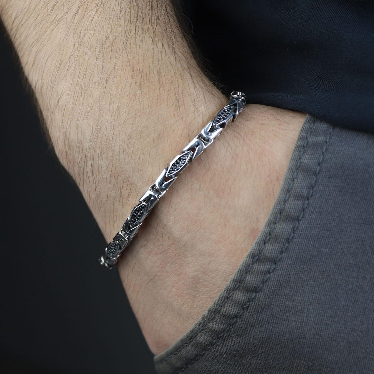 925 Black Onyx Stone King Chain Handmade 5MM Bali Byzantine Bracelet