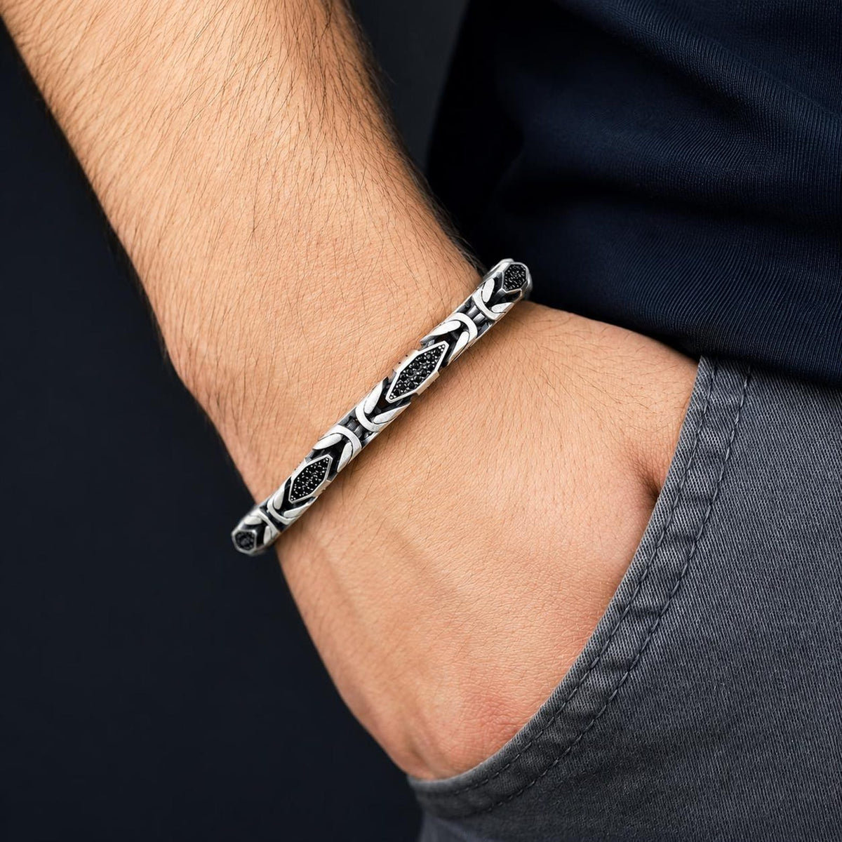 925 Silver Onyx Gemstone King Chain 7MM Byzantine Link Chain Bracelet