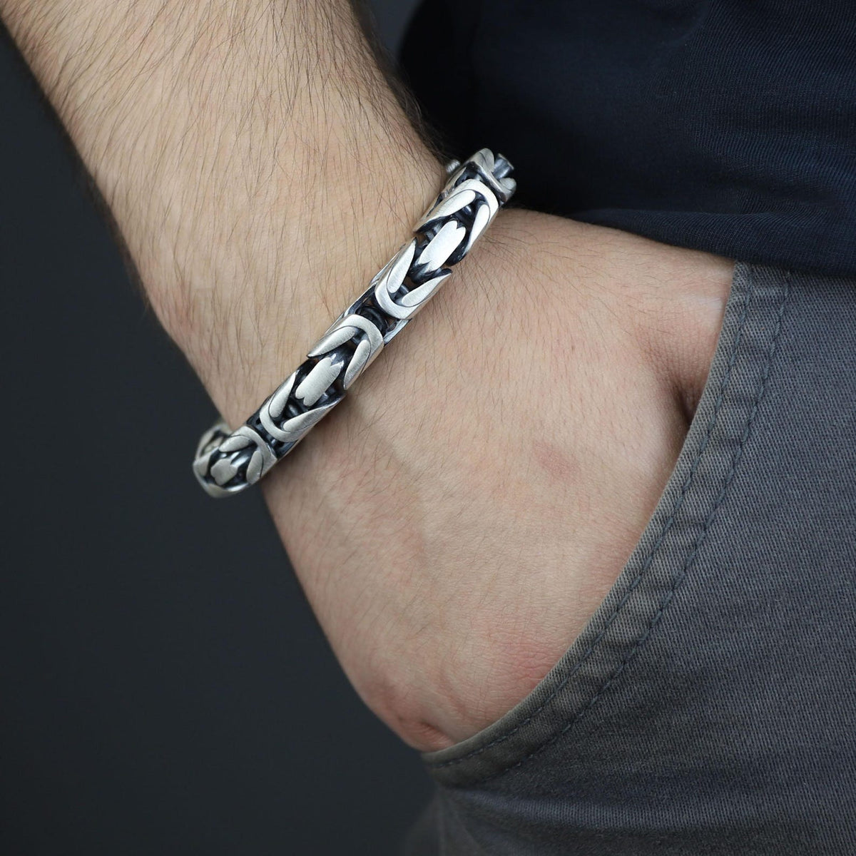 Men Silver 10MM Byzantine Chain Heavy Thick King Chain Bracelet