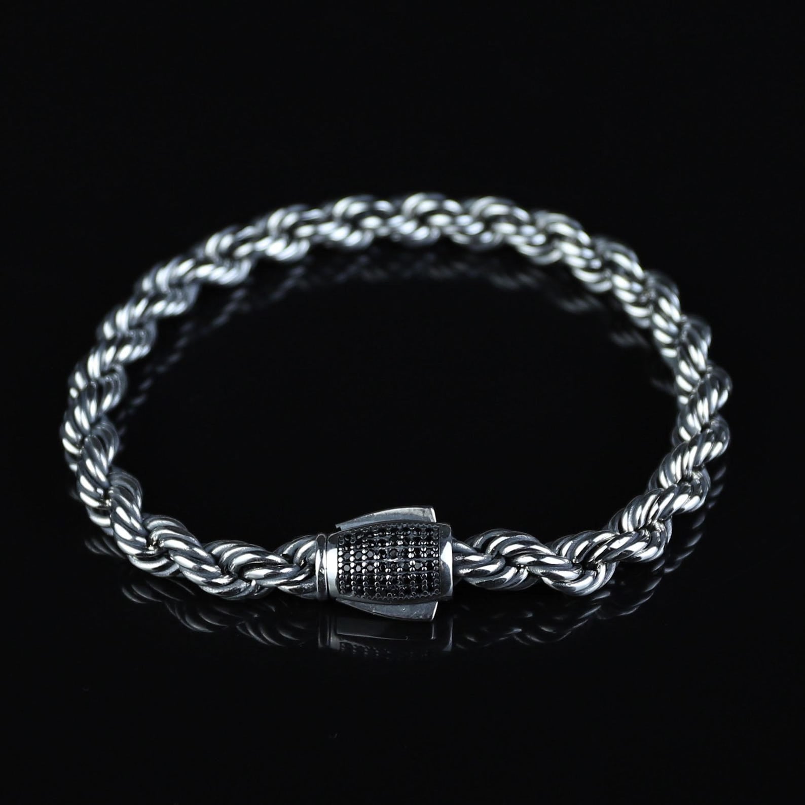 925 Sterling Silver Rope Chain Onyx Box Rope Chain Link Bracelet