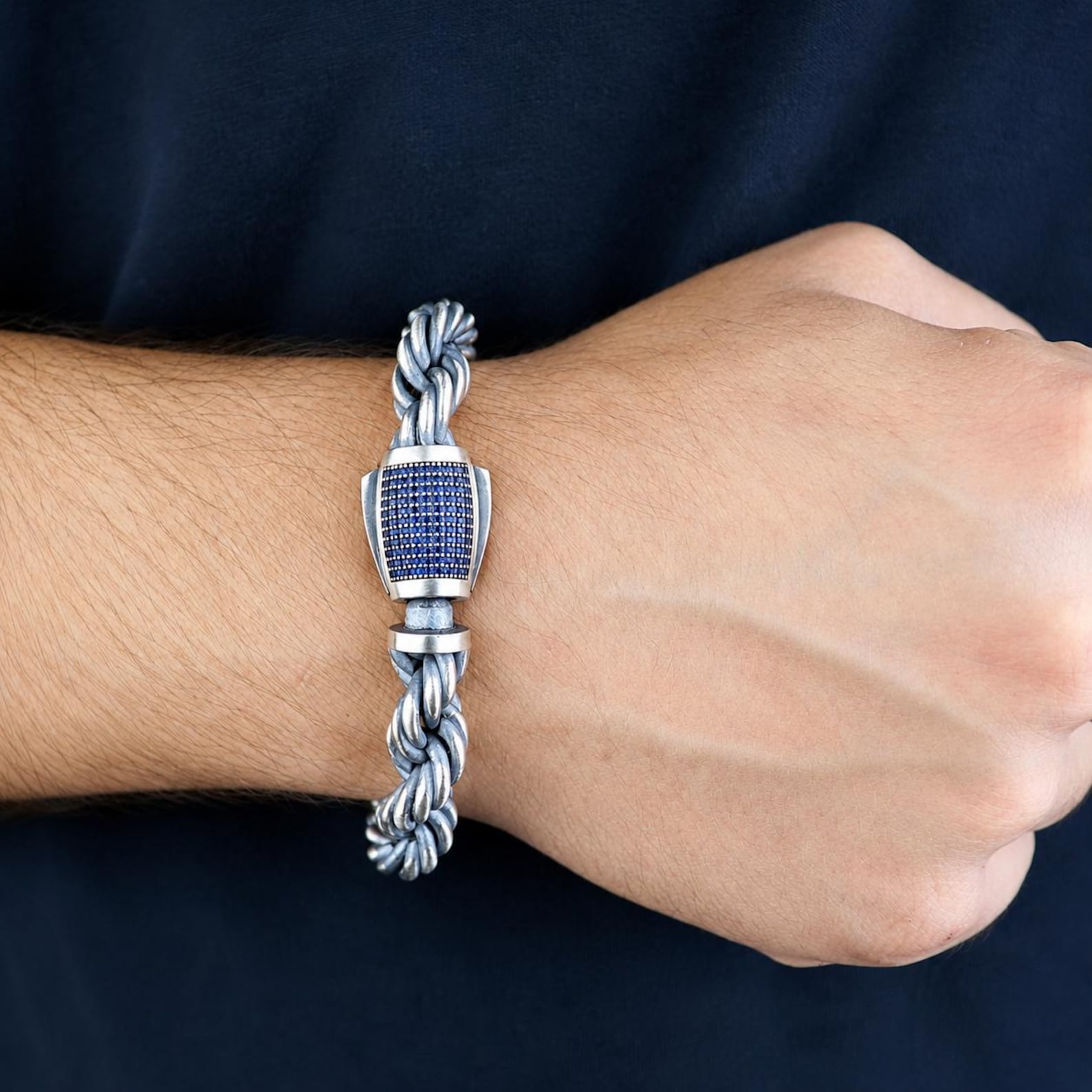 925 Silver 10mm Rope Chain Sapphire Stone Box Rope Chain Bracelet