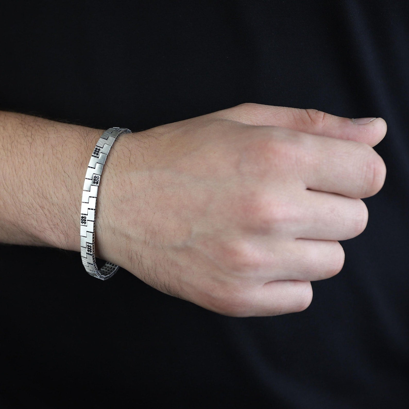 925 Sterling Silver Men's Black Diamond Curb Chain Bracelet Ice Out Link Bracelet