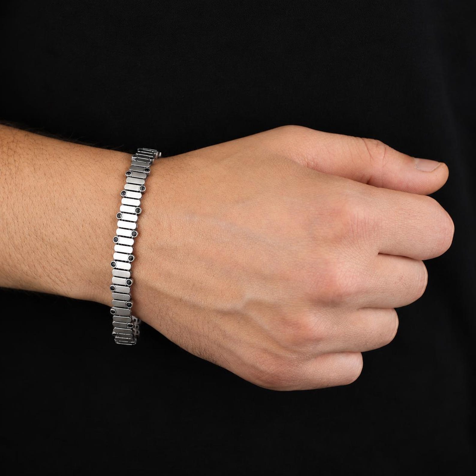 925 Sterling Silver Men's Onyx Stone Chain Bracelet Handmade Luxury Jewelry