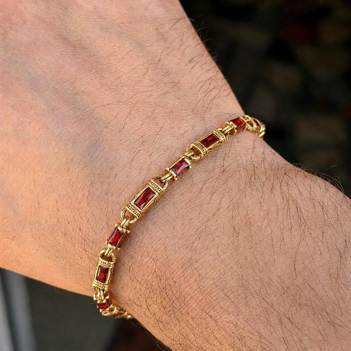 Gold Ruby Hand-Engraved Byzantine Silver Men Chain Bracelet