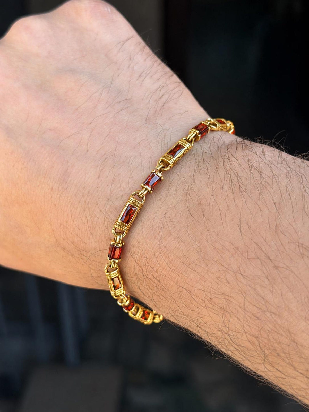 Gold Ruby Hand-Engraved Byzantine Silver Men Chain Bracelet