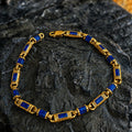 Men Gold Sapphire Hand Engraved Bracelet,Men Blue Sapphire Link Bracelet