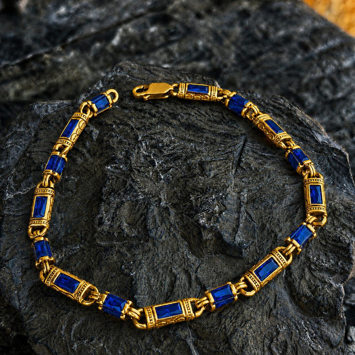 Men Gold Sapphire Hand Engraved Bracelet,Men Blue Sapphire Link Bracelet