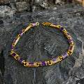 Gold Amethyst Hand-Engraved Link Gemstone Byzantine Chain Bracelet