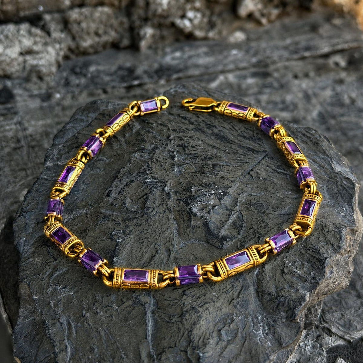 Gold Amethyst Hand-Engraved Link Gemstone Byzantine Chain Bracelet
