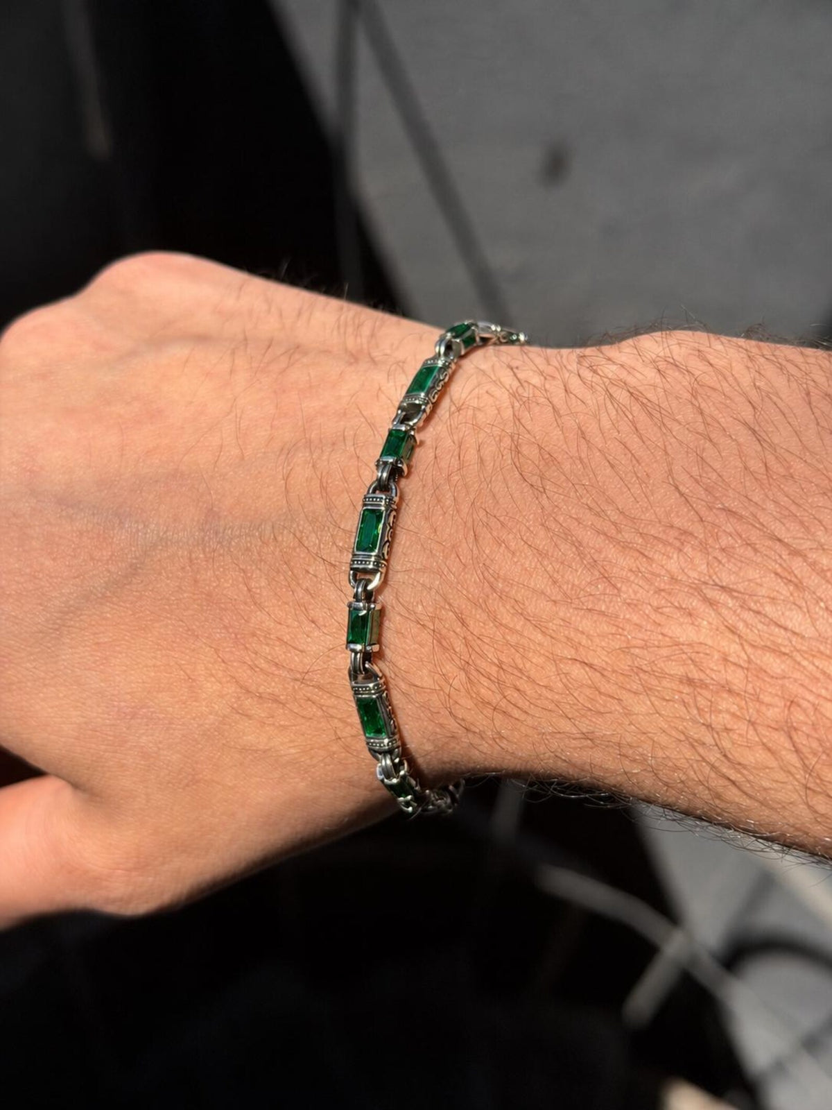 925 Silver Emerald Stone Chain Bracelet Baguette Gemstone Chain Bracelet
