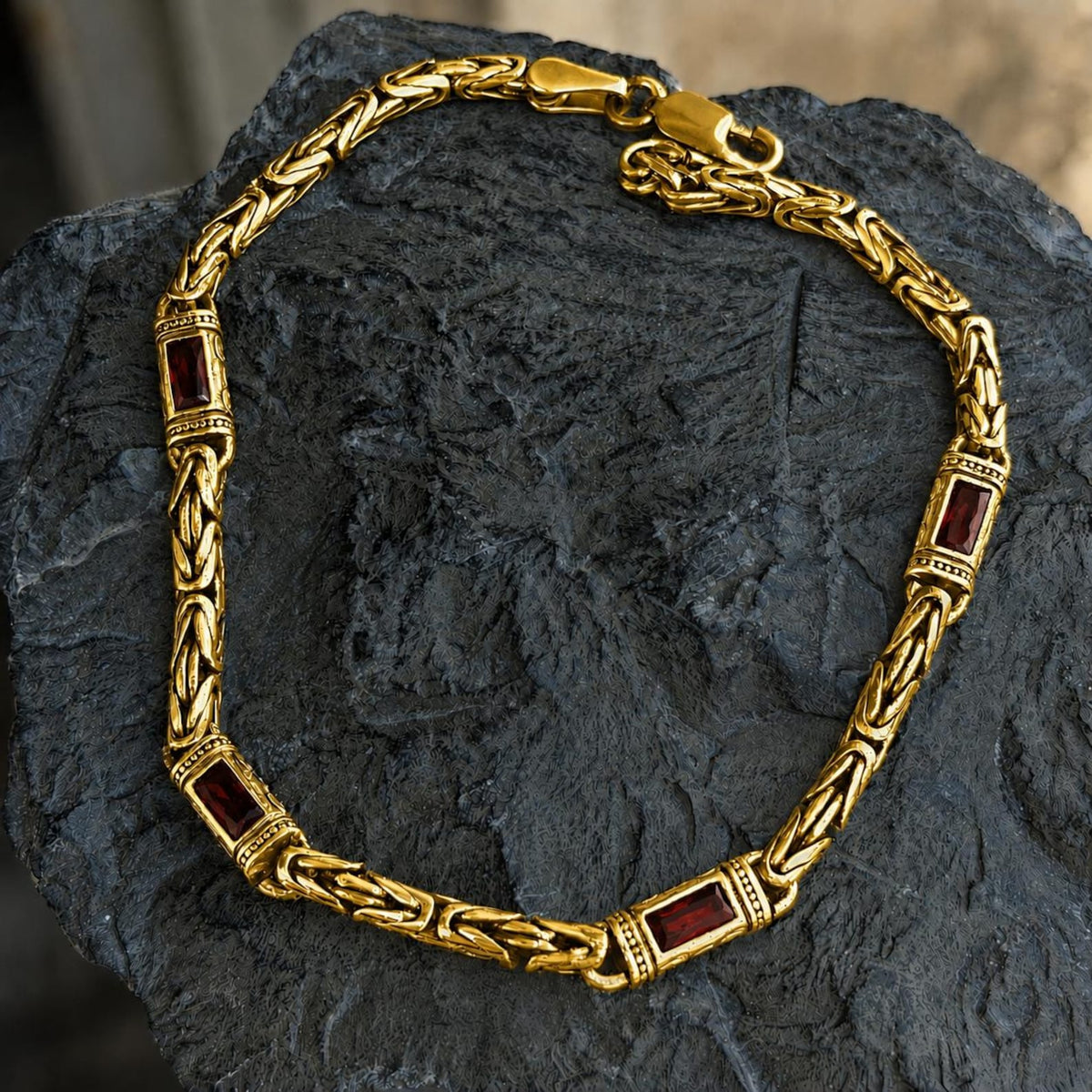 925 Silver Gold Plated Byzantine Ruby Sapphire Bali Chain Link Bracelet