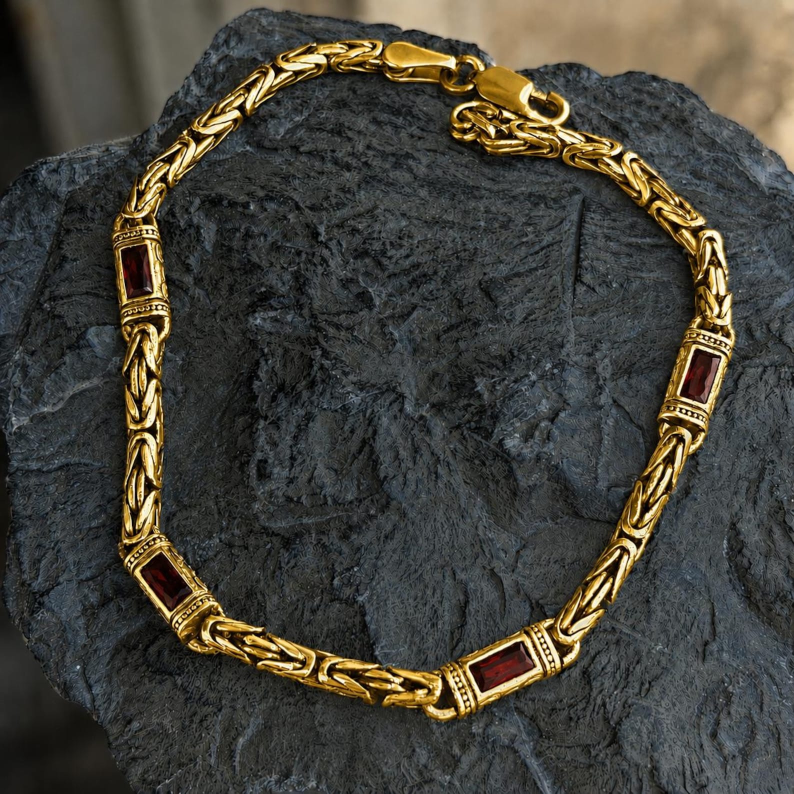 925 Silver Gold Plated Byzantine Ruby Sapphire Bali Chain Link Bracelet