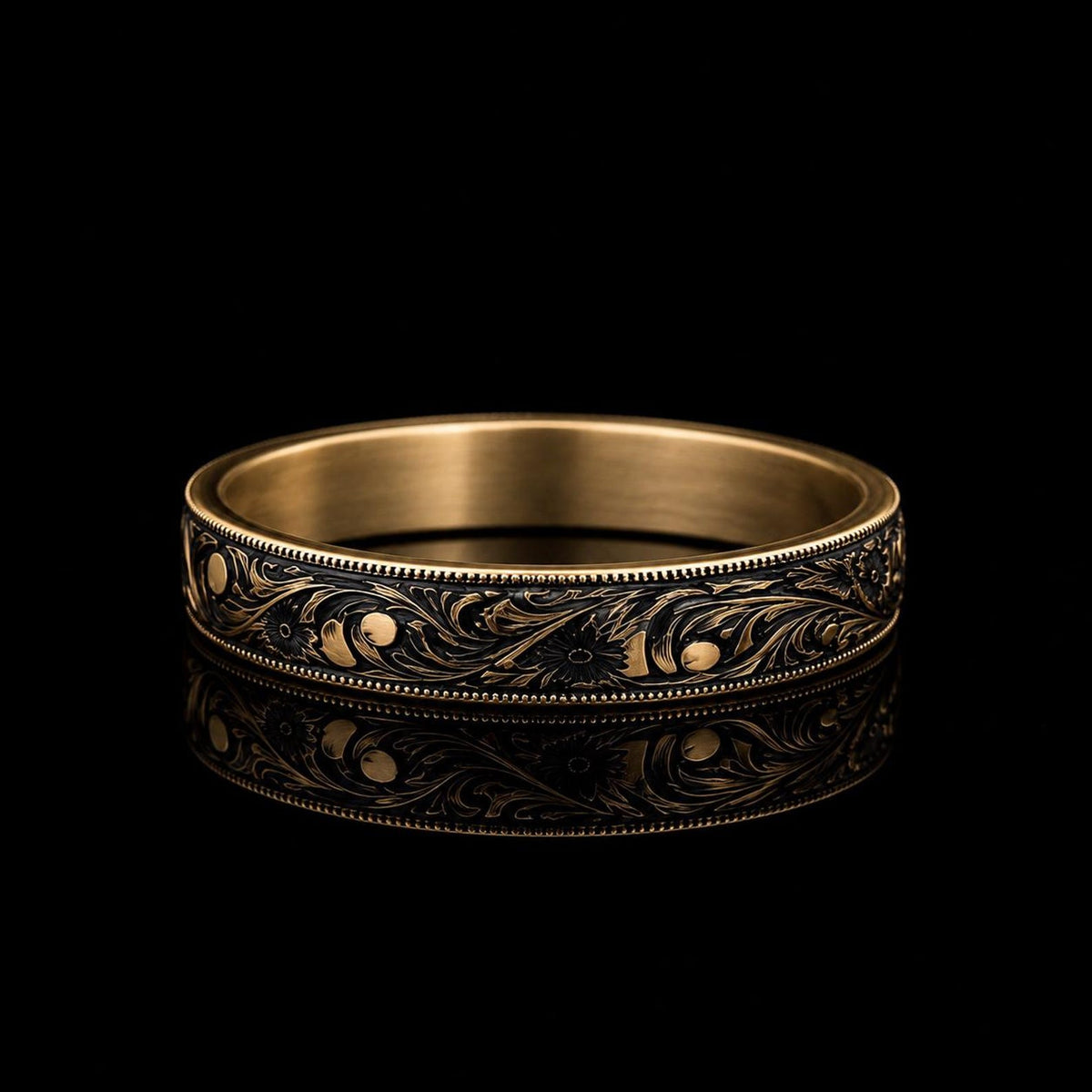 925 Hand Engraved Black Rhodium Band Ring, 18K Gold Wedding Band, Men Engraved Band