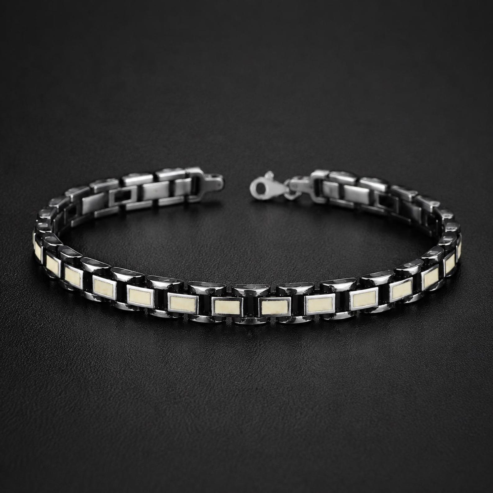 Silver Handmade Chain Pearl Mother Of Pearl Stone Link Bracelet
