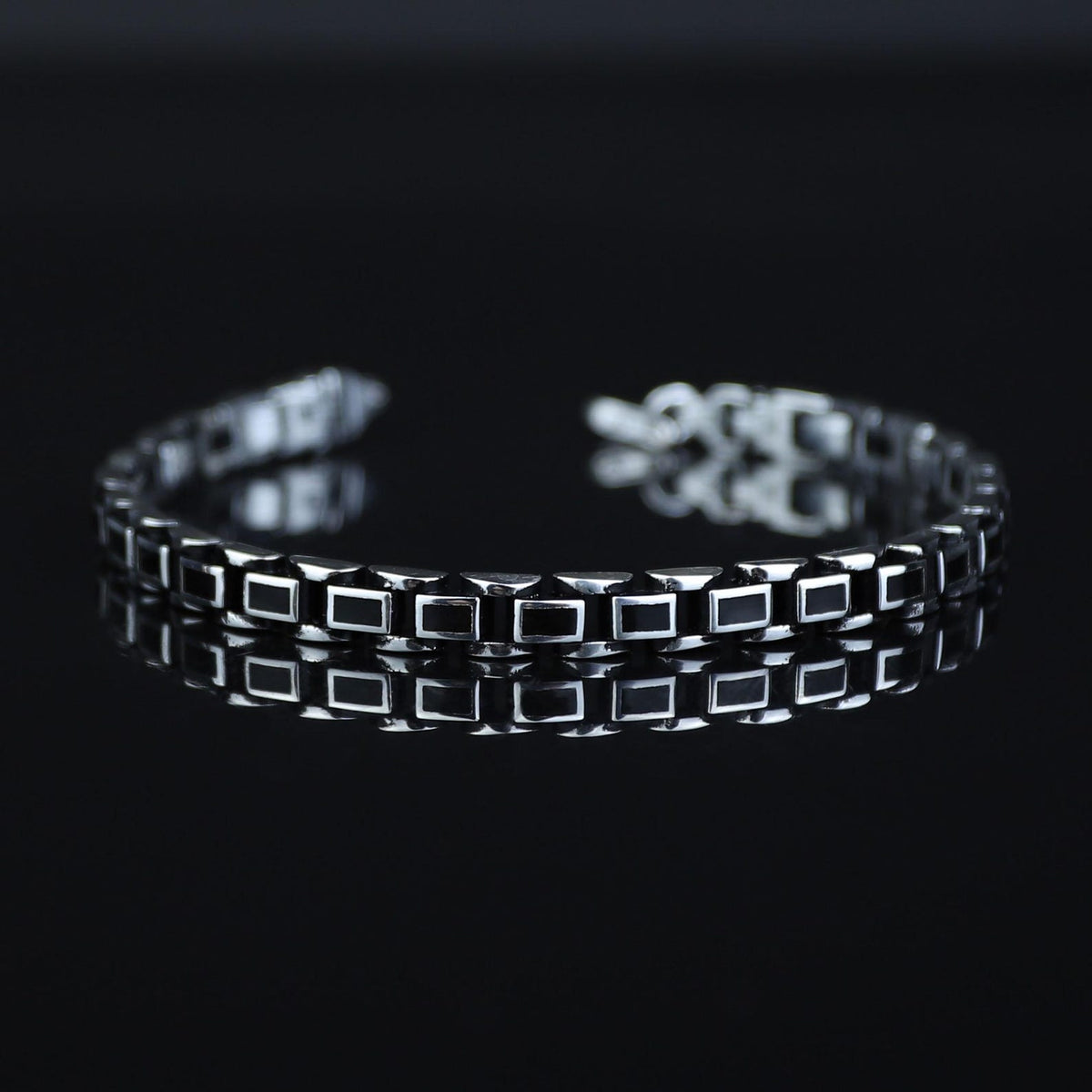 Men Silver Black Onyx Chain Bracelet Oxidized Men's Bracelet
