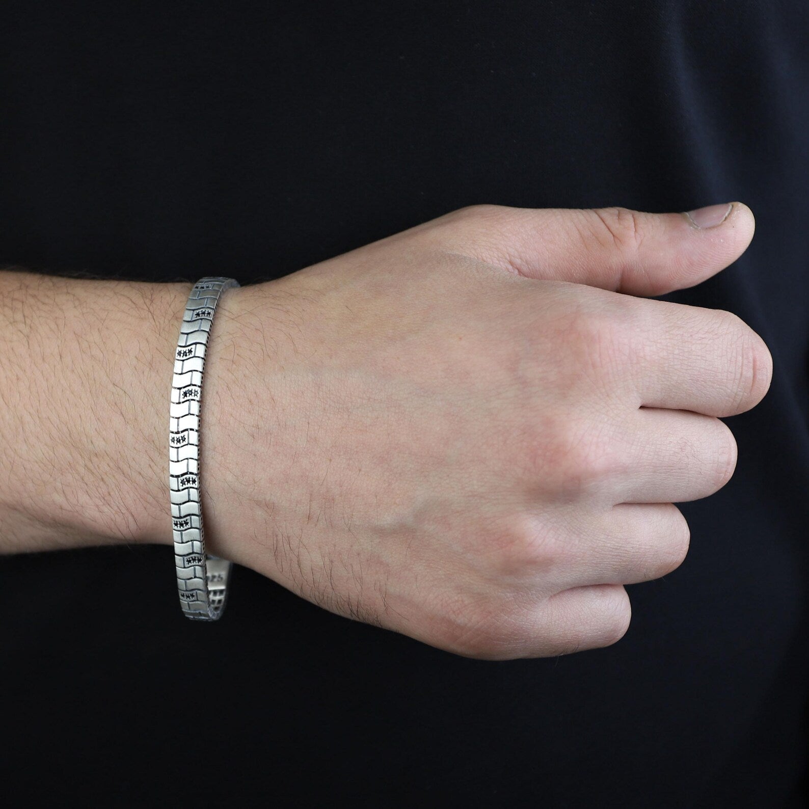 925 Sterling Silver Black Onyx Chain Bracelet for Men Handmade Bali Link Bracelet