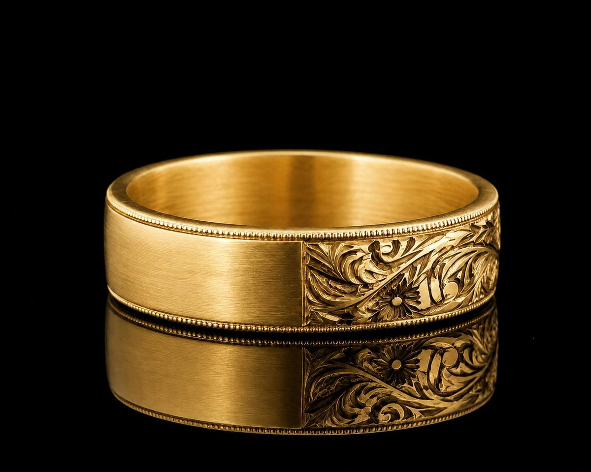 Hand Engraved Gold Floral Band Ring, 18K Gold Wedding Band Ring