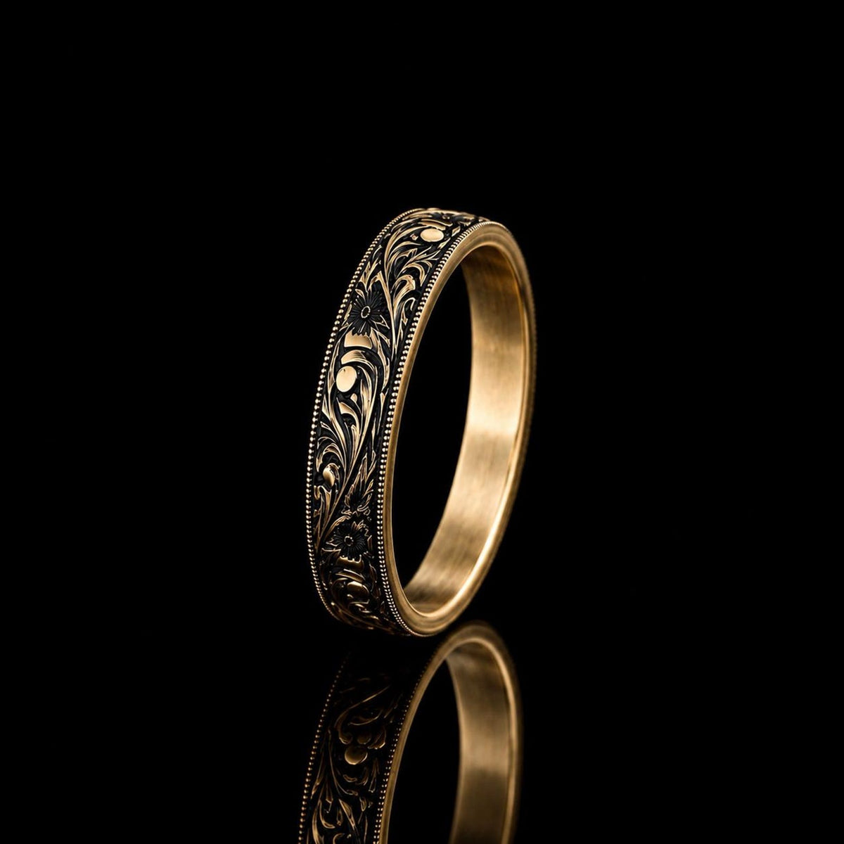 925 Hand Engraved Black Rhodium Band Ring, 18K Gold Wedding Band, Men Engraved Band