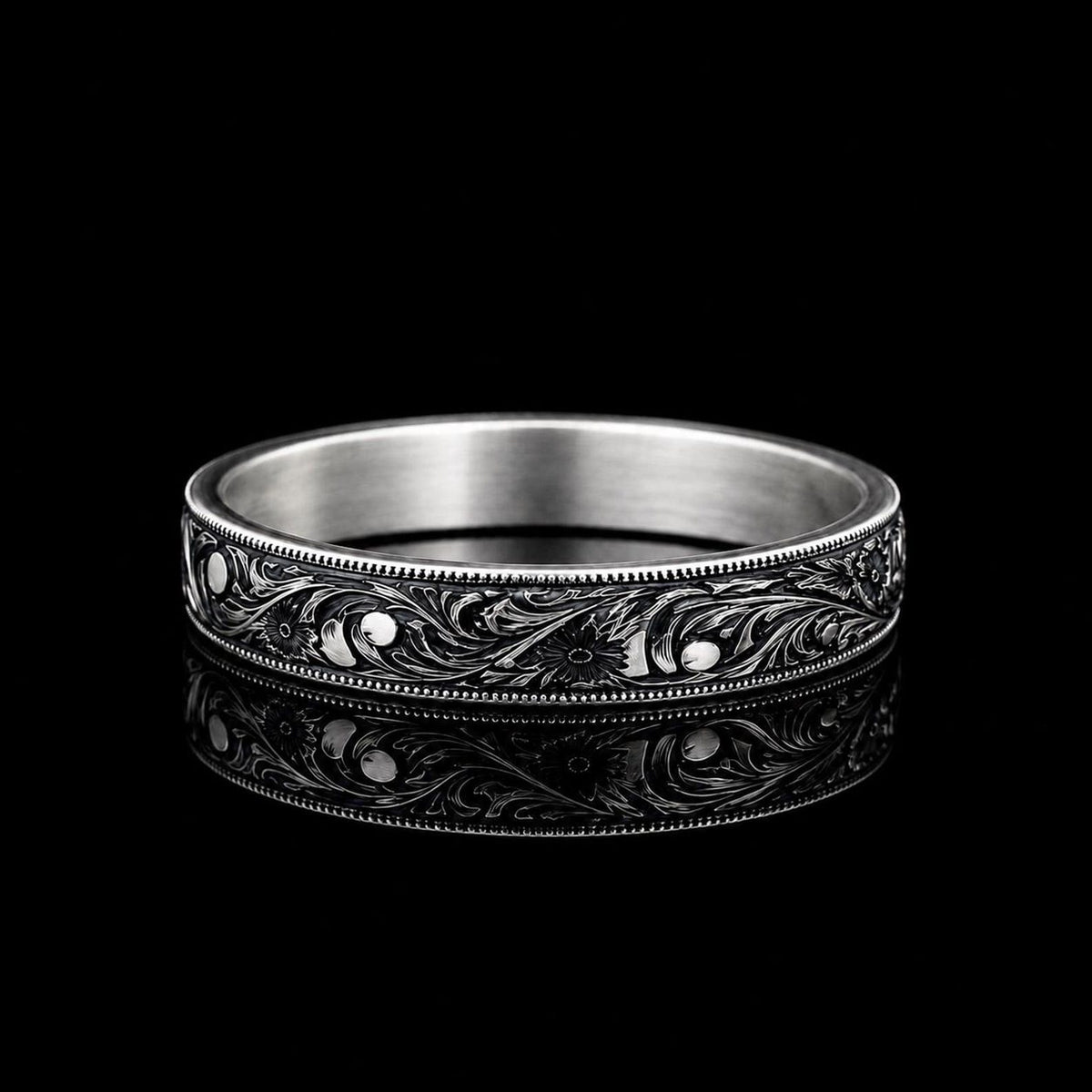 925 Silver Hand Engraved Band Ring, Unisex Wedding Band, Men Engraved Band