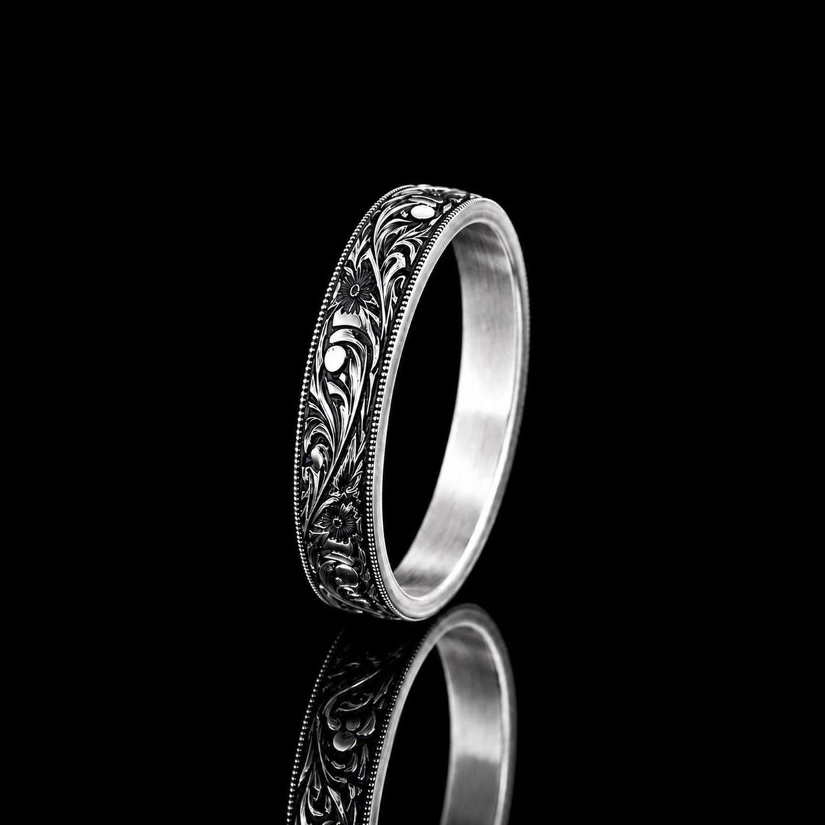 925 Silver Hand Engraved Band Ring, Unisex Wedding Band, Men Engraved Band