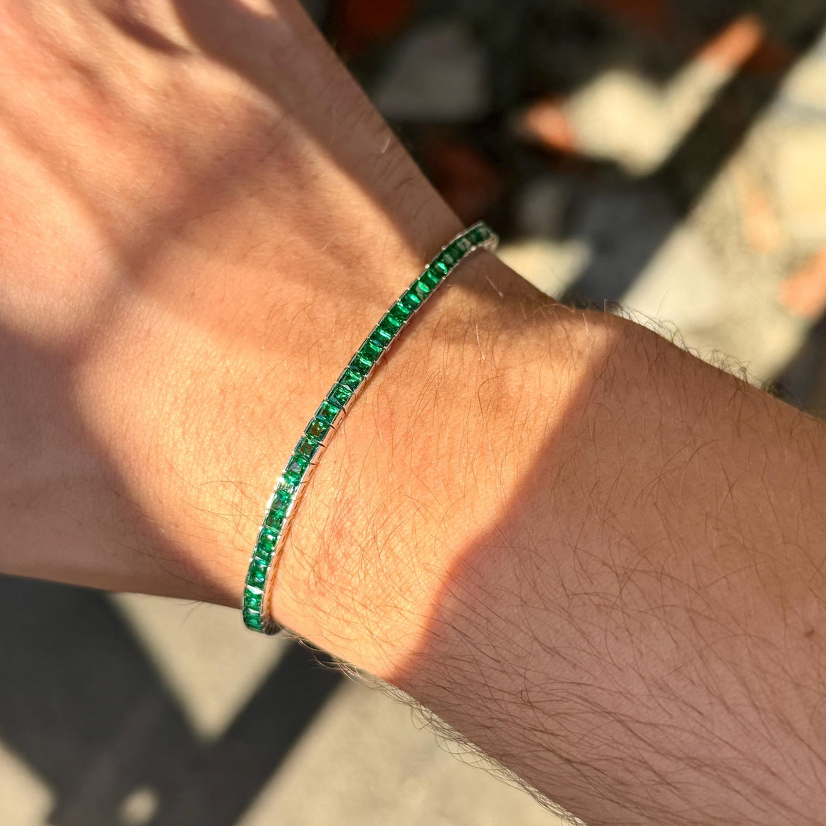 925 Silver Square Emerald Tennis Unisex Emerald Diamond Bracelet