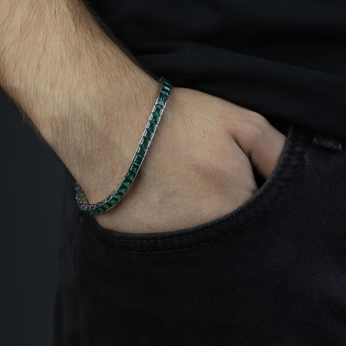 925 Silver Square Emerald Tennis Bracelet, Square Cut Green Stone Tennis Bracelet