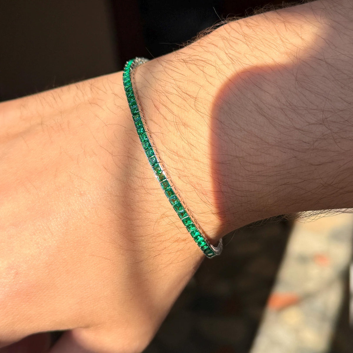 925 Silver Square Emerald Tennis Unisex Emerald Diamond Bracelet