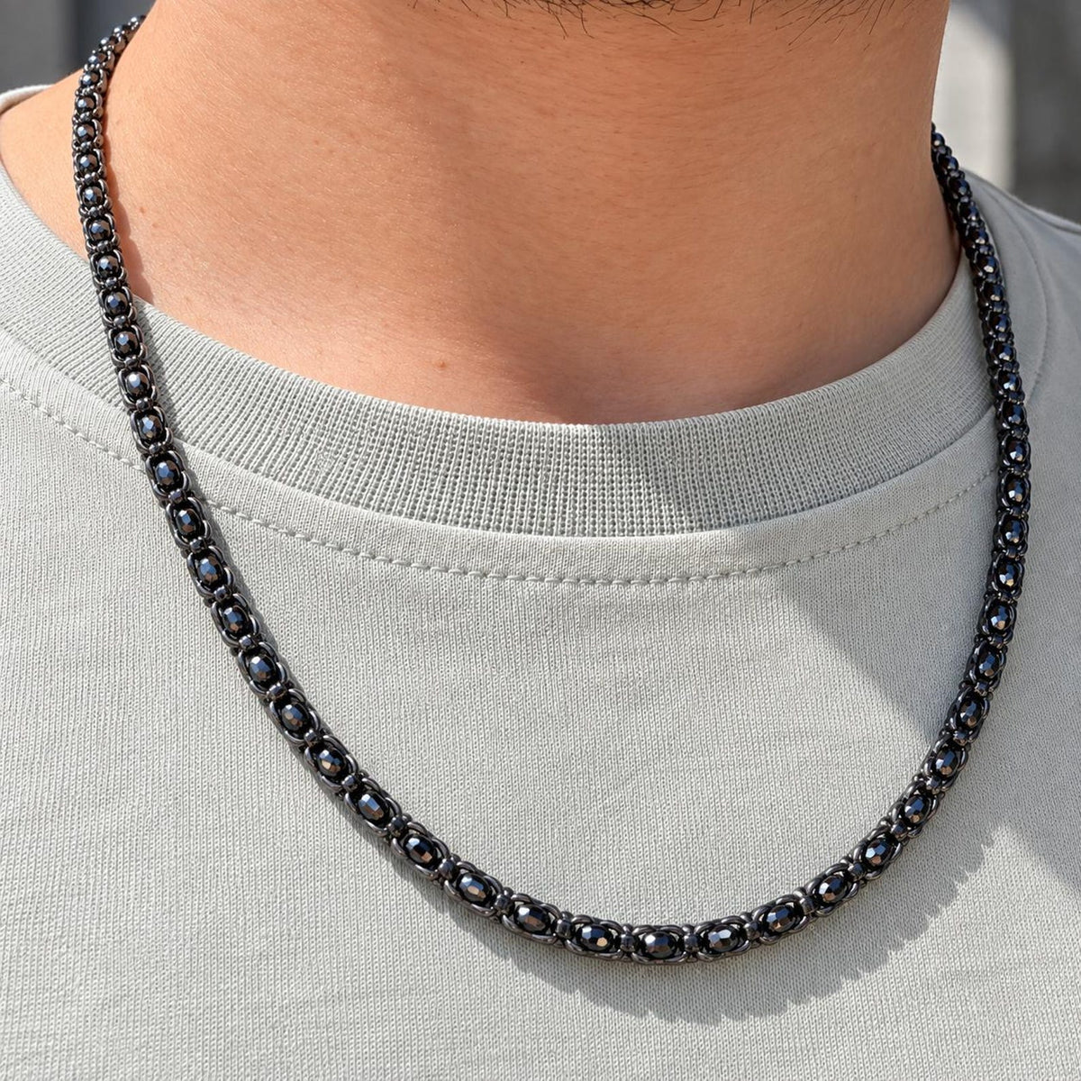 925 Sterling Silver Black Onyx Bead Chain Necklace for Men