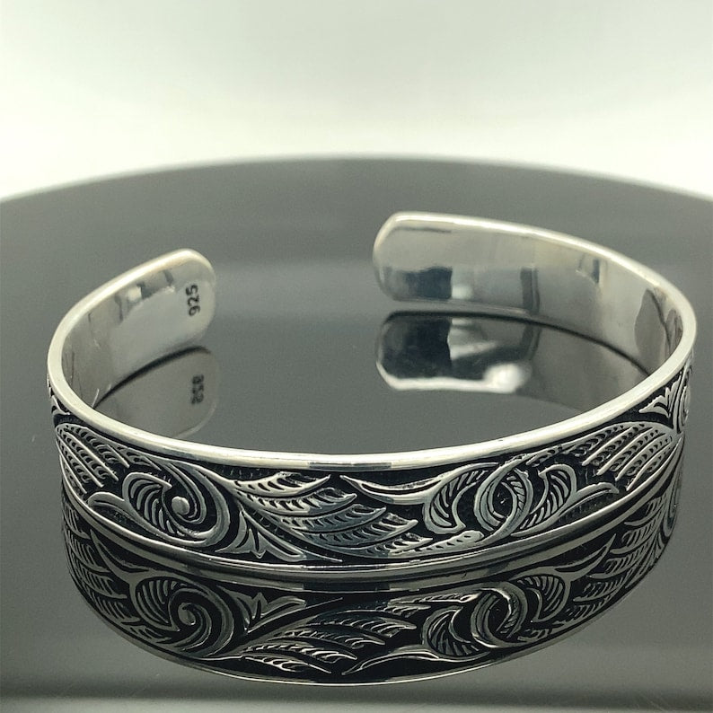 925 Sterling Silver Heavy Handmade Engraved Cuff Bracelet