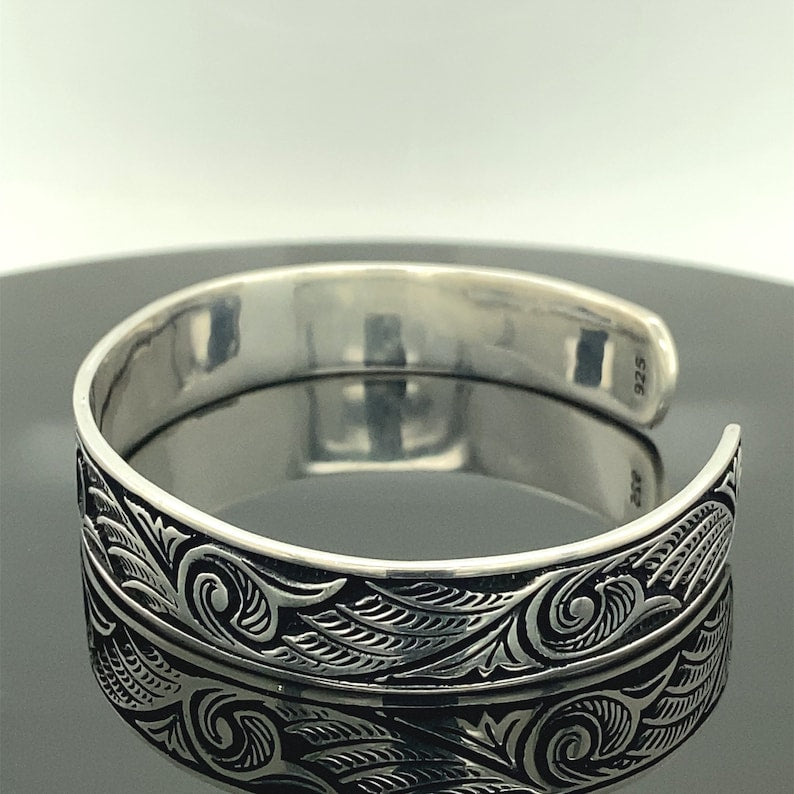 925 Sterling Silver Heavy Handmade Engraved Cuff Bracelet