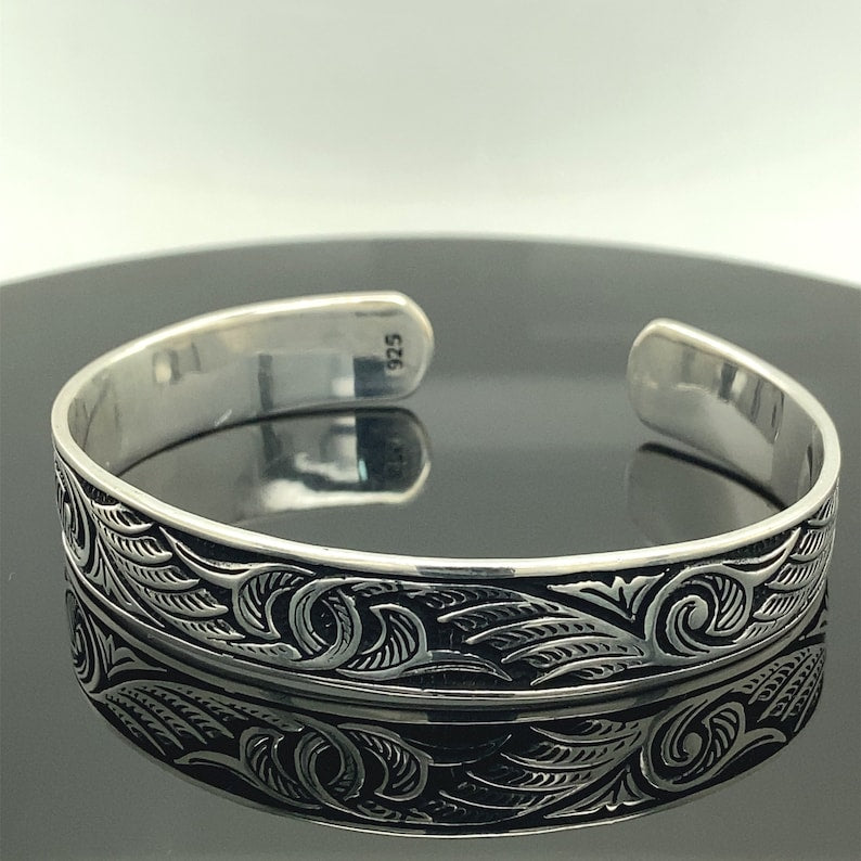 925 Sterling Silver Heavy Handmade Engraved Cuff Bracelet