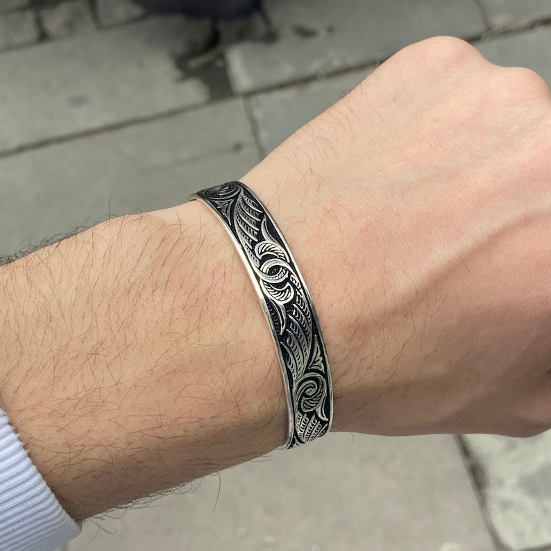 925 Sterling Silver Heavy Handmade Engraved Cuff Bracelet