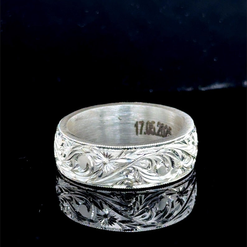 Silver Handmade Floral Engraved Wedding Band Ring