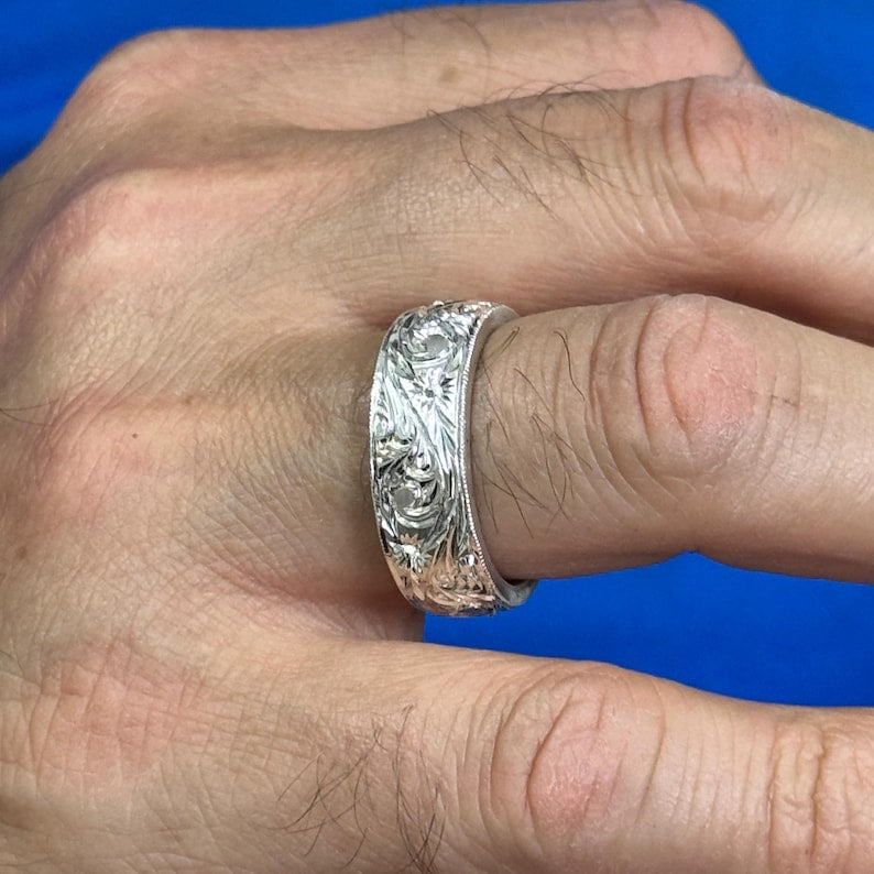 Silver Handmade Floral Engraved Wedding Band Ring