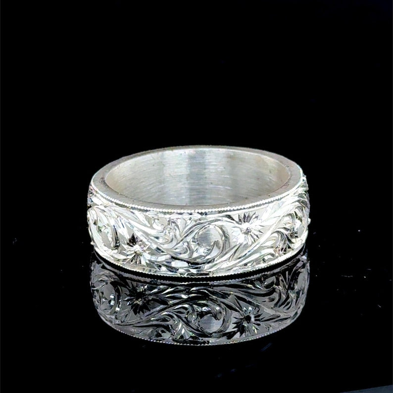 Silver Handmade Floral Engraved Wedding Band Ring