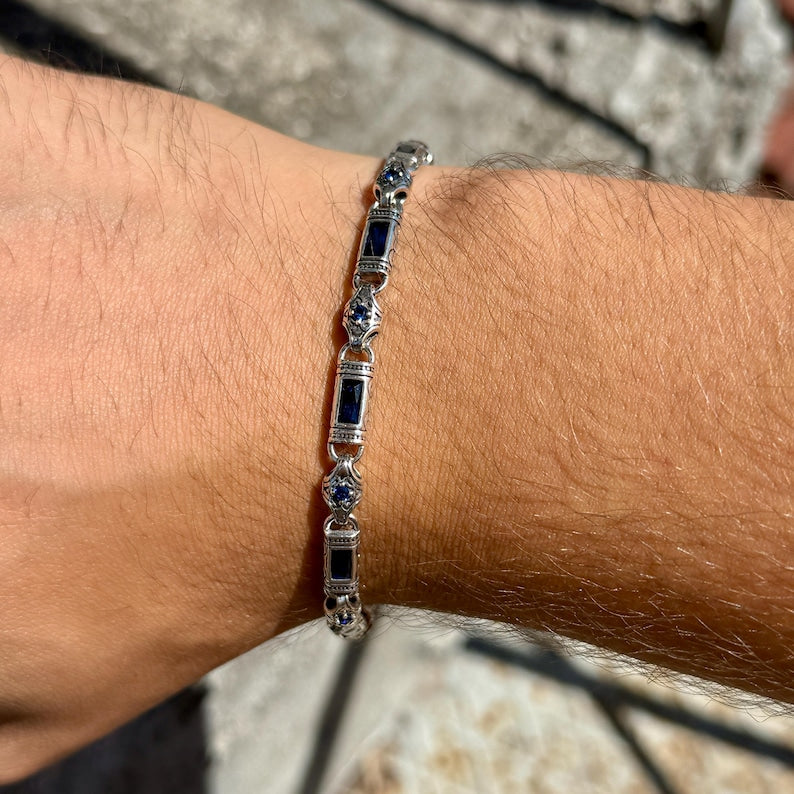 925 Silver Sapphire Engraved Byzantium Chain Link Men Bracelet