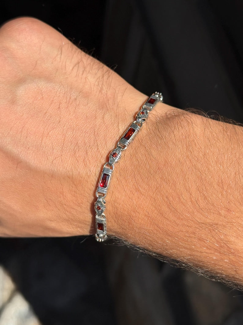 Men Silver Ruby Gemstone Hand-Engraved Link Chain Bracelet
