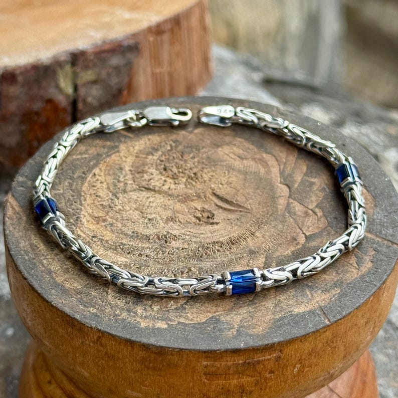 925 Silver Sapphire Stone Byzantine Chain Bracelet – Mercan Silver