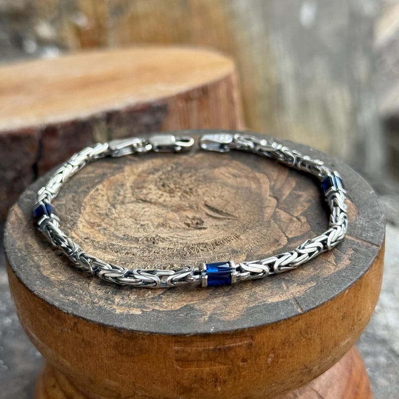 925 Silver Sapphire Stone Byzantine Chain Bracelet