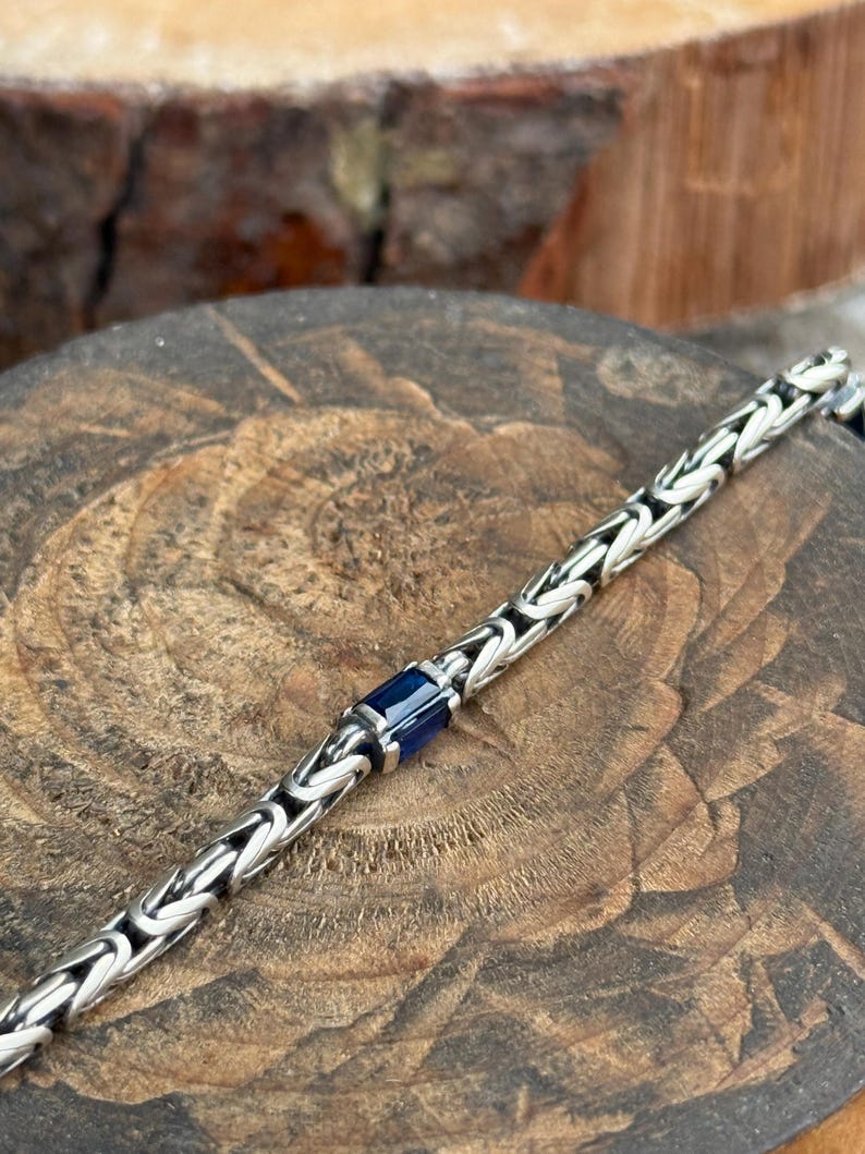 925 Silver Sapphire Stone Byzantine Chain Bracelet