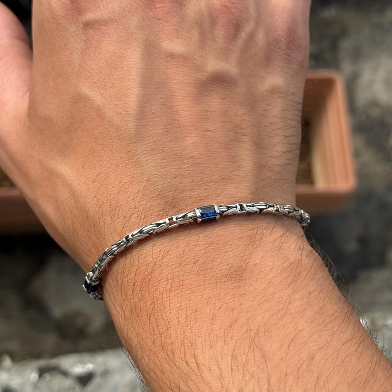 925 Silver Sapphire Stone Byzantine Chain Bracelet – Mercan Silver