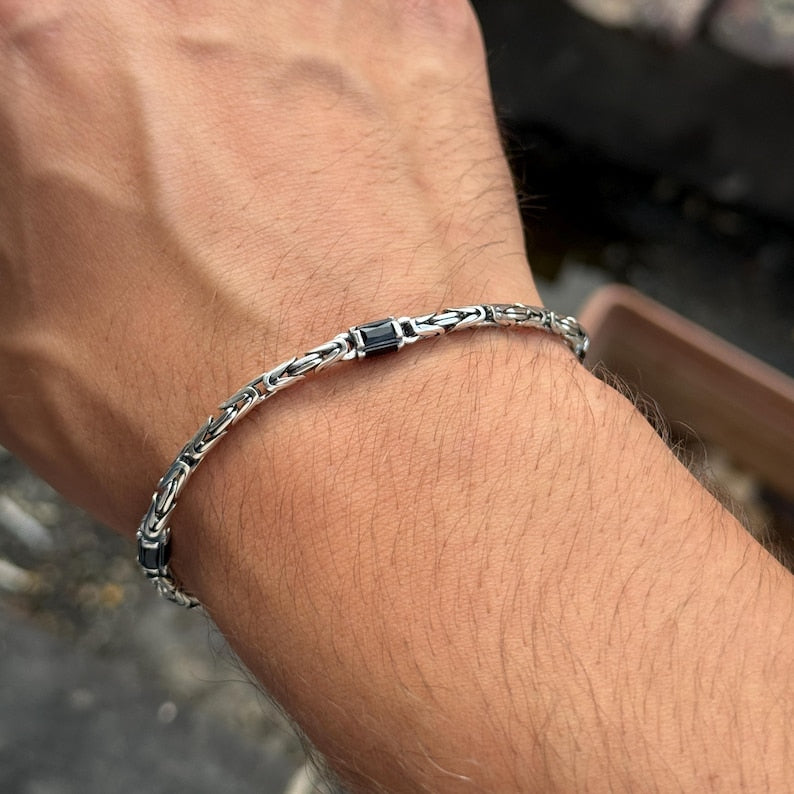 925 Silver Black Onyx Byzantine King Chain Bracelet