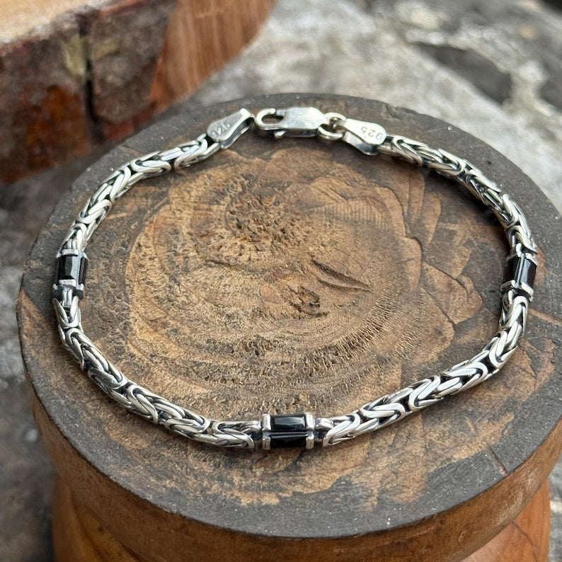 925 Silver Black Onyx Byzantine King Chain Bracelet