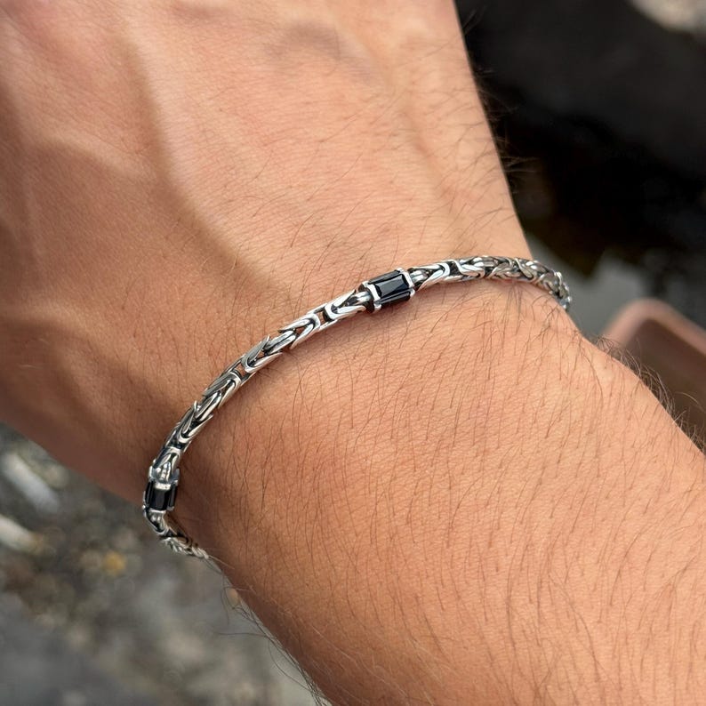 925 Silver Black Onyx Byzantine King Chain Bracelet