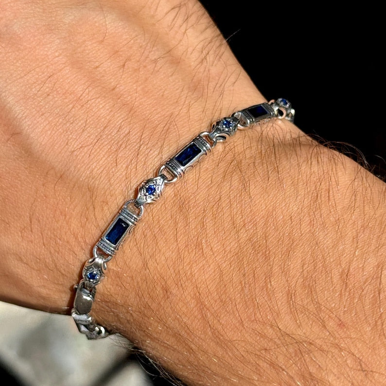 925 Silver Sapphire Engraved Byzantium Chain Link Men Bracelet