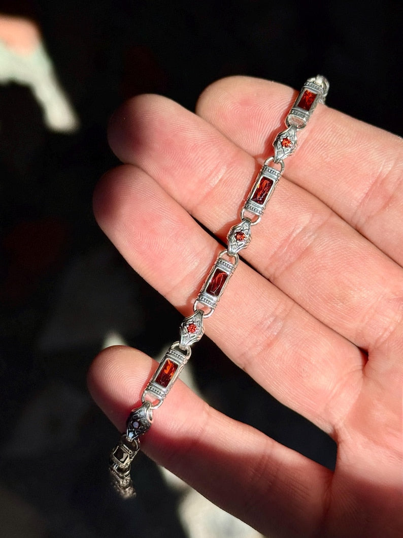 Men Silver Ruby Gemstone Hand-Engraved Link Chain Bracelet