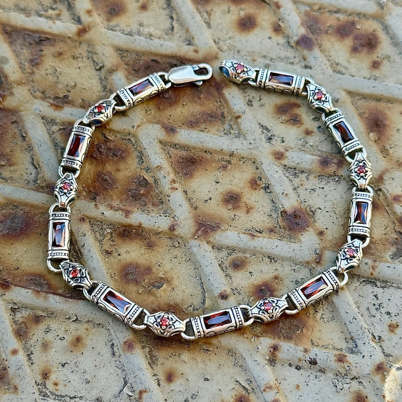 Men Silver Ruby Gemstone Hand-Engraved Link Chain Bracelet