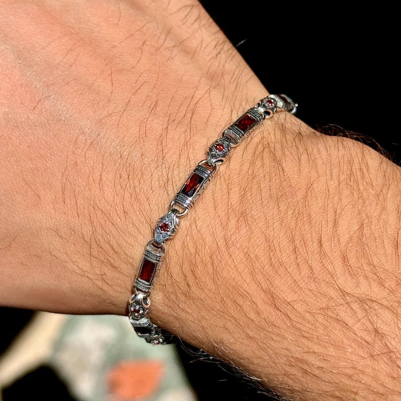 Men Silver Ruby Gemstone Hand-Engraved Link Chain Bracelet