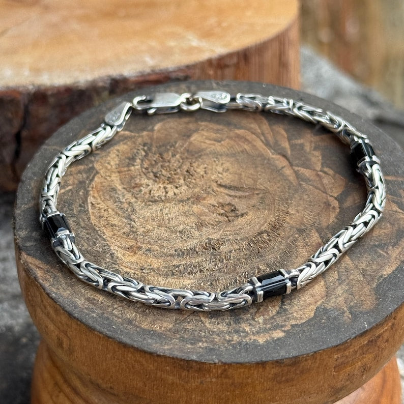 925 Silver Black Onyx Byzantine King Chain Bracelet