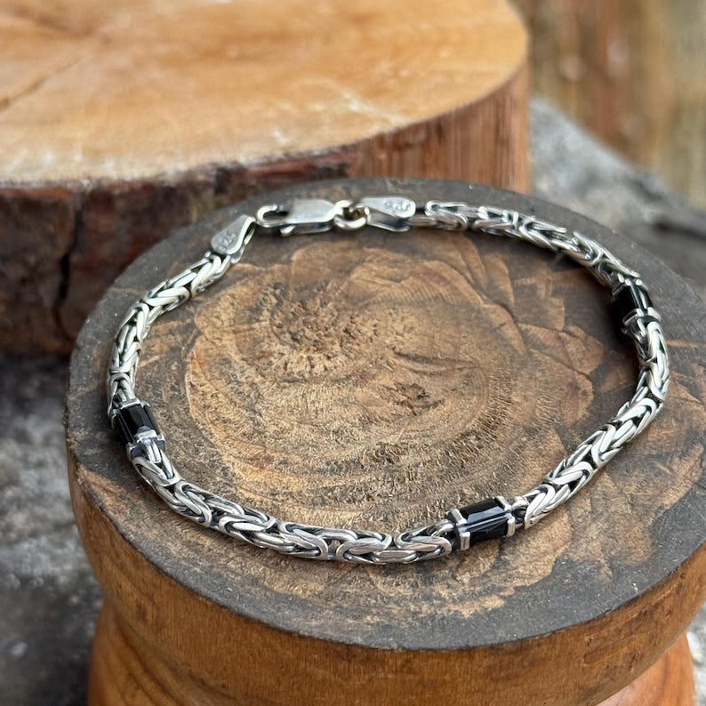 925 Silver Black Onyx Byzantine King Chain Bracelet